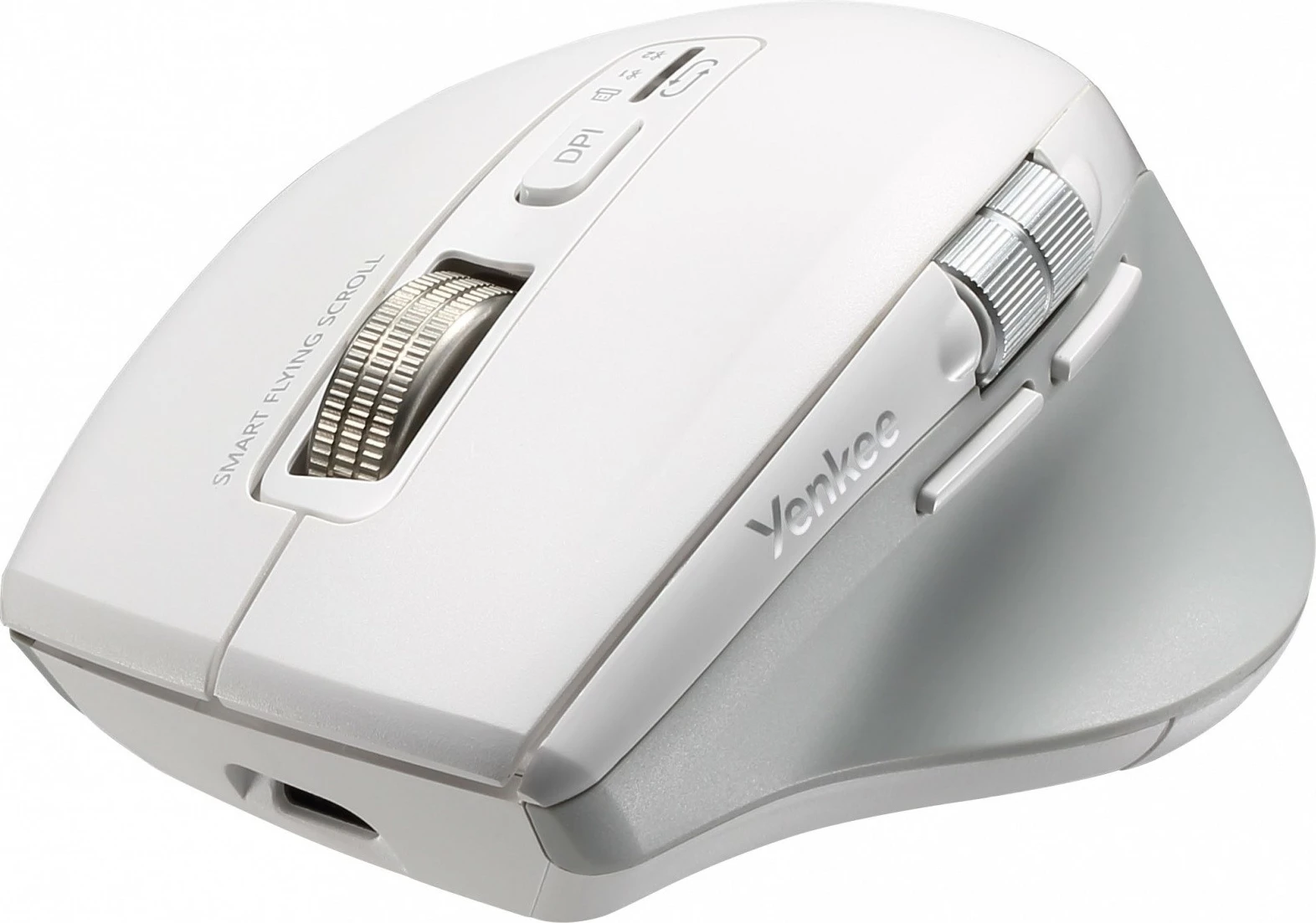 Maus wireless YENKEE YMS 2095WH SPIN, 4800 DPI, Bluetooth + 2.4GHz, bateri e rikarikueshme, 7 butona, kabllo karikimi USB-C, e bardhë