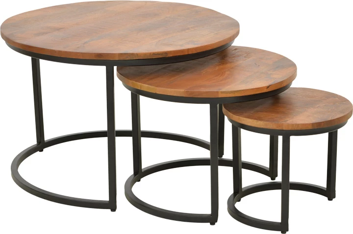 Set tavolinash kafeje Frina, dru mango, ngjyrë arre, këmbë metalike të zeza, 3 copë