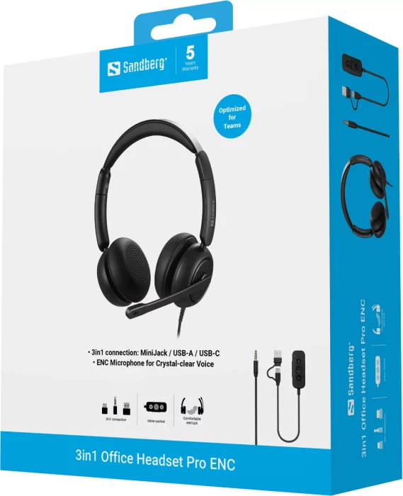Kufje Sandberg 3in1 Office Headset Pro ENC (MPN 126-54), 3.5mm/USB-A/USB-C, me mikrofon, të zeza