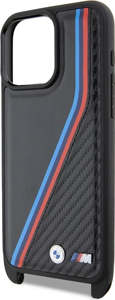 Mbështjellës BMW M Edition Carbon Tricolor Lines & Strap për iPhone 15 Pro, i zi
