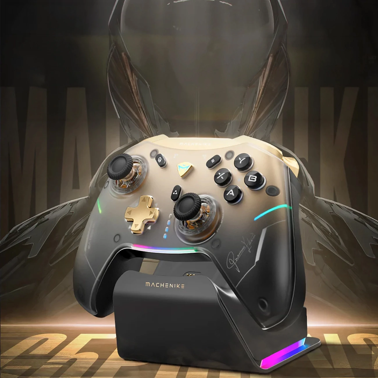 Kontroller lojërash wireless Machenike G5Pro Premium Edition, 2.4GHz/Bluetooth/USB, bateri 600mAh, me stacion karikimi RGB, i zi/ari
