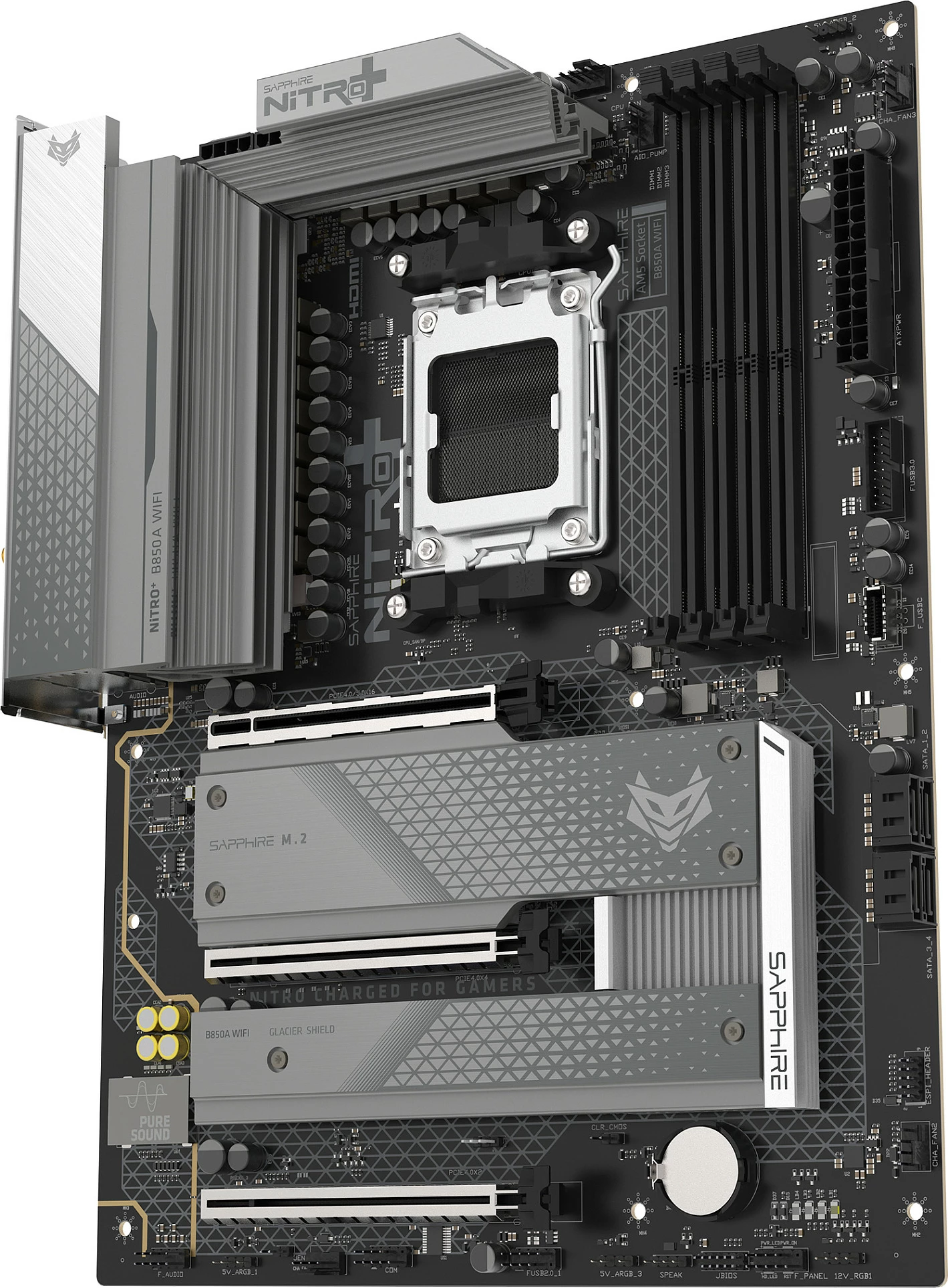 Pllakë amë Sapphire NITRO+ B850A, Socket AM5, DDR5 deri 256GB, Wi‑Fi 7, 2.5GbE, ATX, e zezë/gri