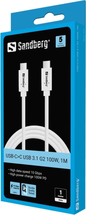 Kabllo USB-C në USB-C Sandberg 136-76 USB 3.2 Gen2 5 m PD 100 W, e bardhë