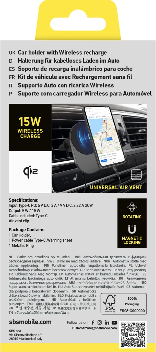 Mbajtës dhe karikues wireless për celular SBS TESUPPVENTWIRQI215W, MagSafe, 15W, i zi