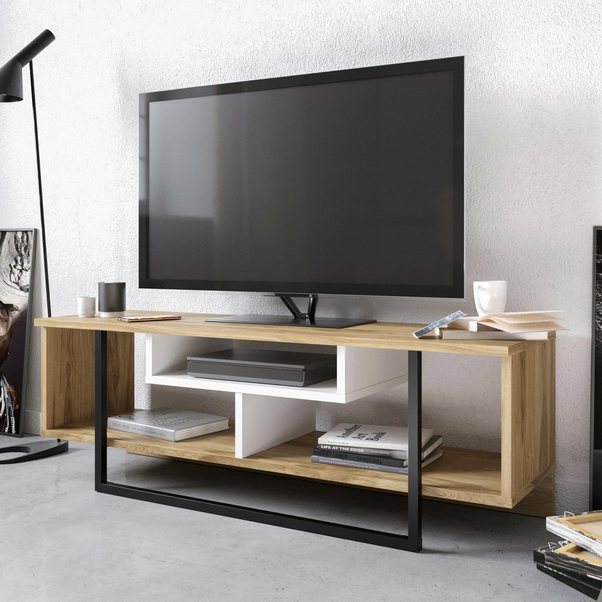 Komodë TV Hanah Home, Asal (120), ngjyrë lis, e bardhë, e zezë