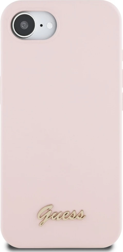 Mbështjellës Guess Silicone Script Metal Logo MagSafe për iPhone 16e, Rozë