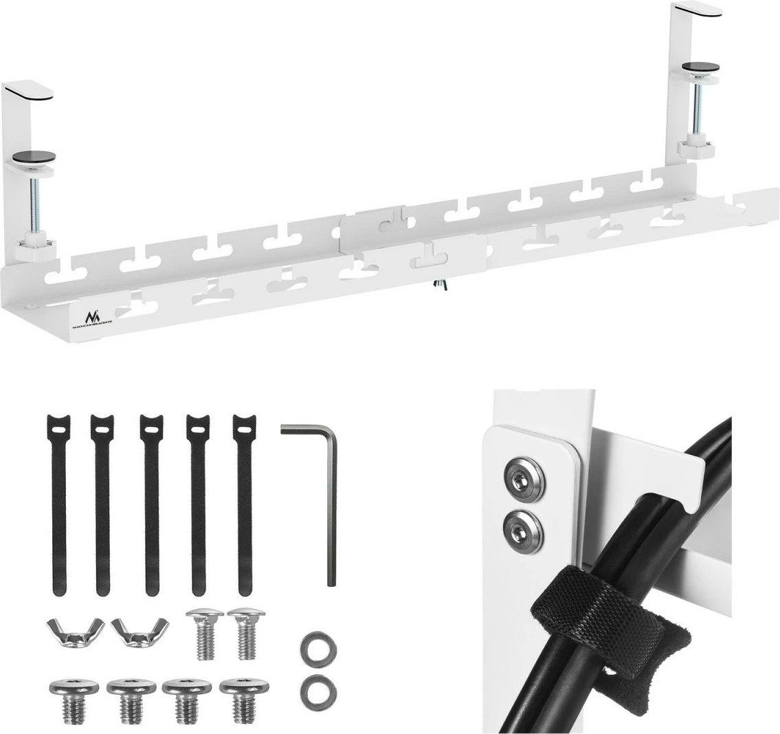 Organizues kabllosh nën tavolinë, Maclean MC-103 W, gjatësi e rregullueshme 433–728 mm, kapacitet 5 kg, montim me kapëse, i bardhë, set me 5 rripa ngjitës