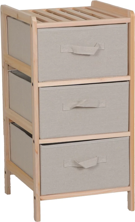 Komodë me 3 sirtarë, dru bredhi, material tekstili, ngjyrë natyrale-bezhë, 34.5x36.5x67cm