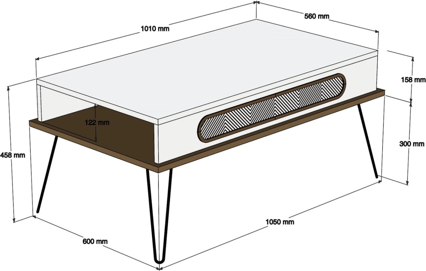 Tavolinë kafeje melaminë FH9500.02 ngjyrë arre-këmbë metalike 105x56x45.8H cm