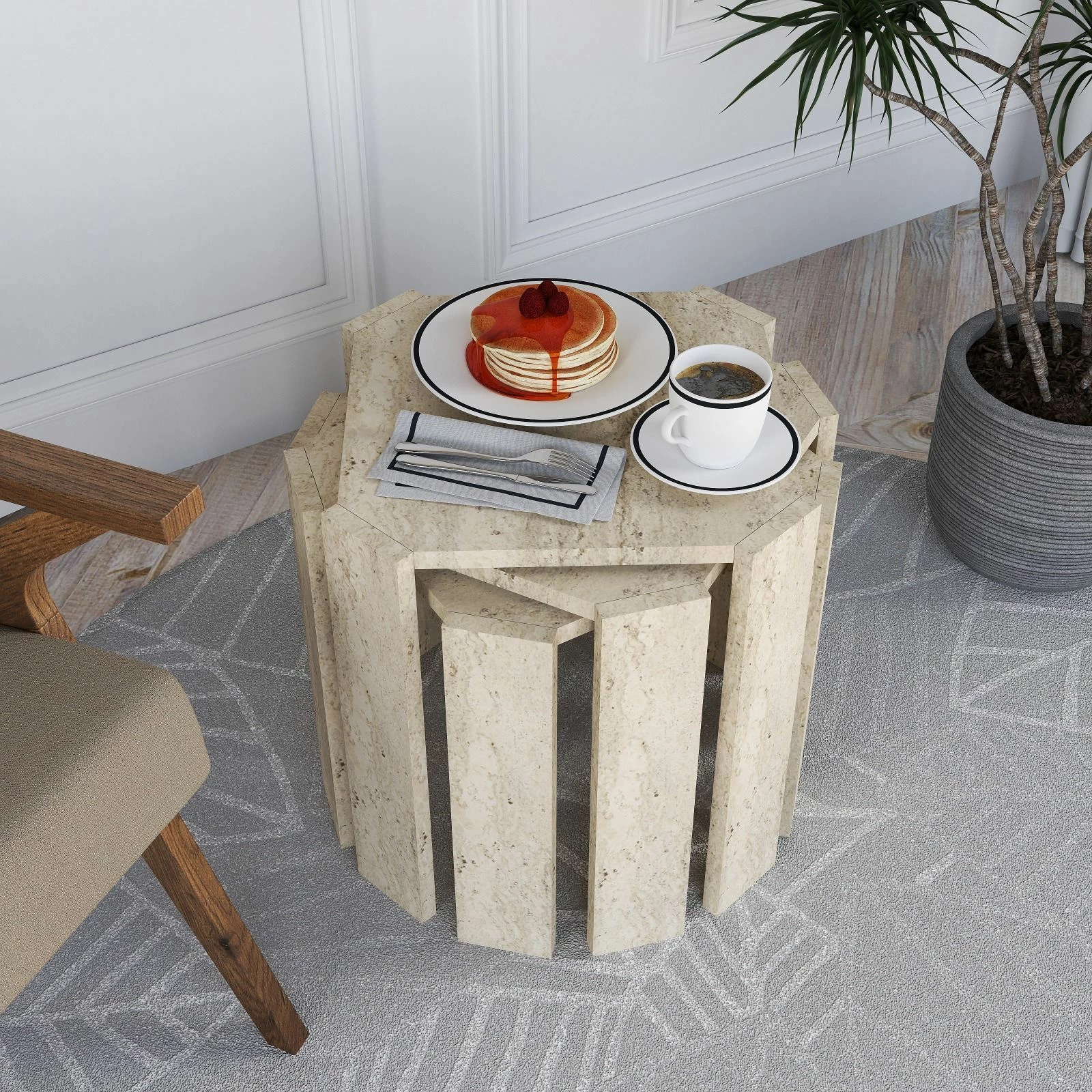Set tavolinash ndihmëse, 3 copë, ngjyrë travertine, Skye Decor Azra