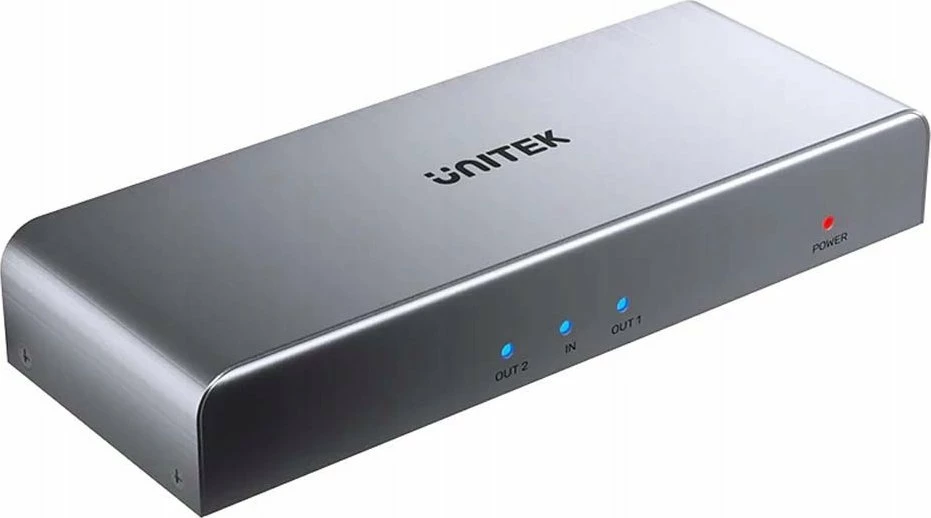 Splitter sinjali HDMI Unitek V1130A01-EU 4K 1 hyrje 2 dalje, argjendtë, set me adaptor 5V/1A
