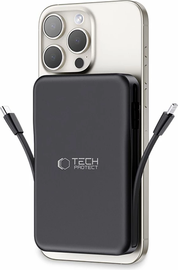 Power bank Tech-Protect LifeMag PB31, 10000mAh, MagSafe, USB-C/USB-A, kabllo të integruara, e zezë