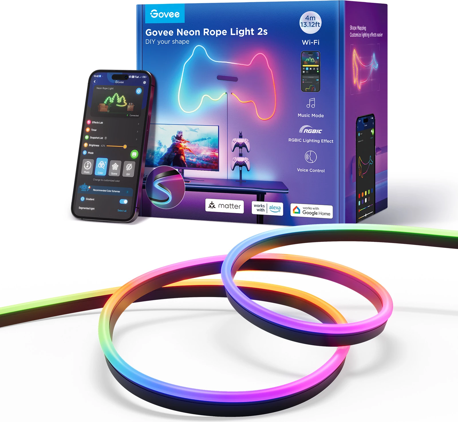 Shirit LED neon Govee Neon Rope Light 2S H61D4-B 4m RGBIC Bluetooth/Wi‑Fi, i zi