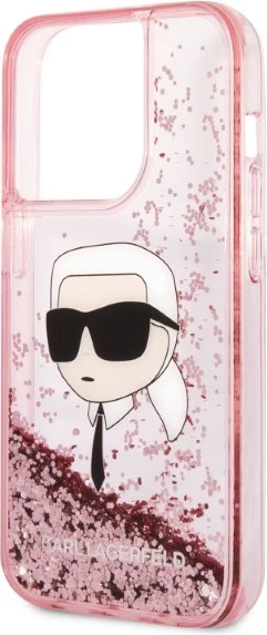 Mbështjellës Karl Lagerfeld Glitter Karl's Head për iPhone 14 Pro, rozë