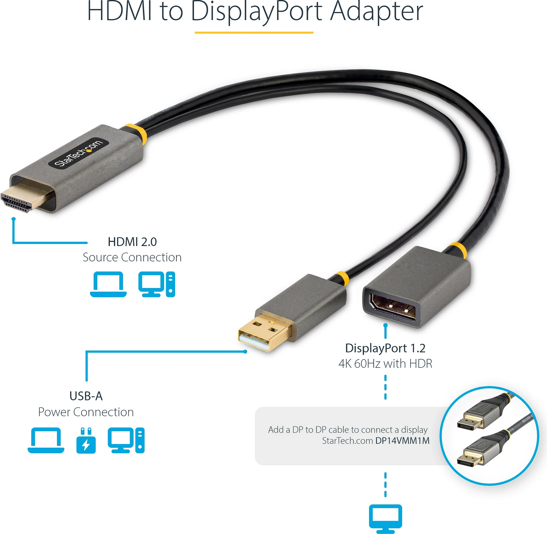 Adapter kabllo HDMI në DisplayPort StarTech, 30cm, 4K 60Hz, HDR, USB me rrymë, e zezë/gri