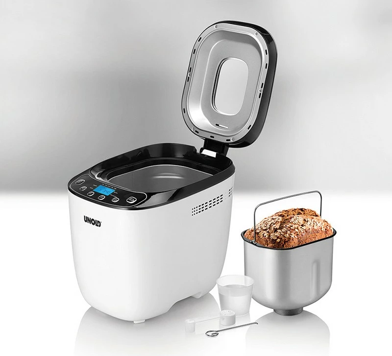 Makineri buke UNOLD 68010, 1 kg, timer i programueshëm, kontroll i thekjes, funksion mbajtje ngrohtë, dritare shikimi, e bardhë