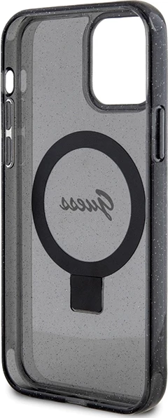 Mbështjellës Guess Ring Stand Script Glitter MagSafe për iPhone 12/12 Pro, i zi