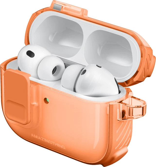 Mbështjellës për kufje, AmazingThing, Titan Pro Mag Case Clear për AirPods Pro 3, me karabiner, kompatibil me karikim wireless, portë me bllokim të brendshëm, port kundër goditjeve PC/TPU, portokalli