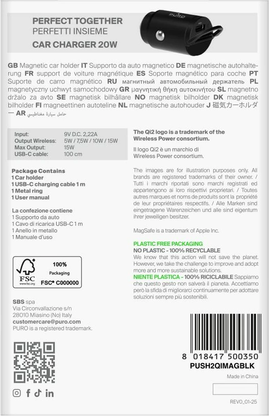 Mbajtës magnetik për celular me karikues wireless Puro PUSH2QIMAGBLK, 15W, MagSafe, i zi