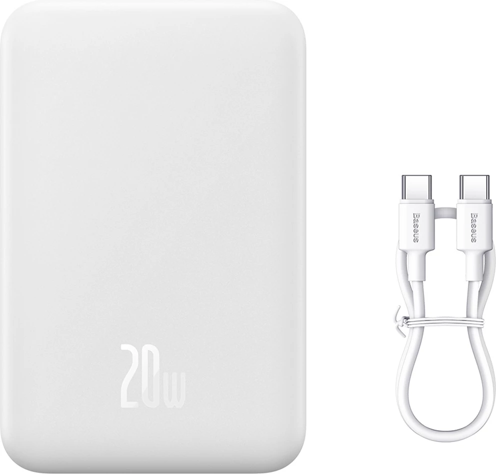 Powerbank Baseus Magnetic Mini 20000 mAh, 20W, USB-C, i bardhë me kabllo USB-C/USB-C