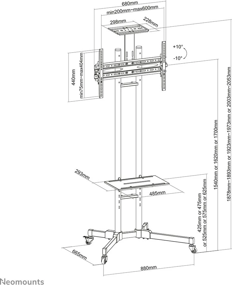 Karrocë portabile për TV Neomounts PLASMA-M1700E, deri 70", rregullim lartësie, ngjyrë e zezë