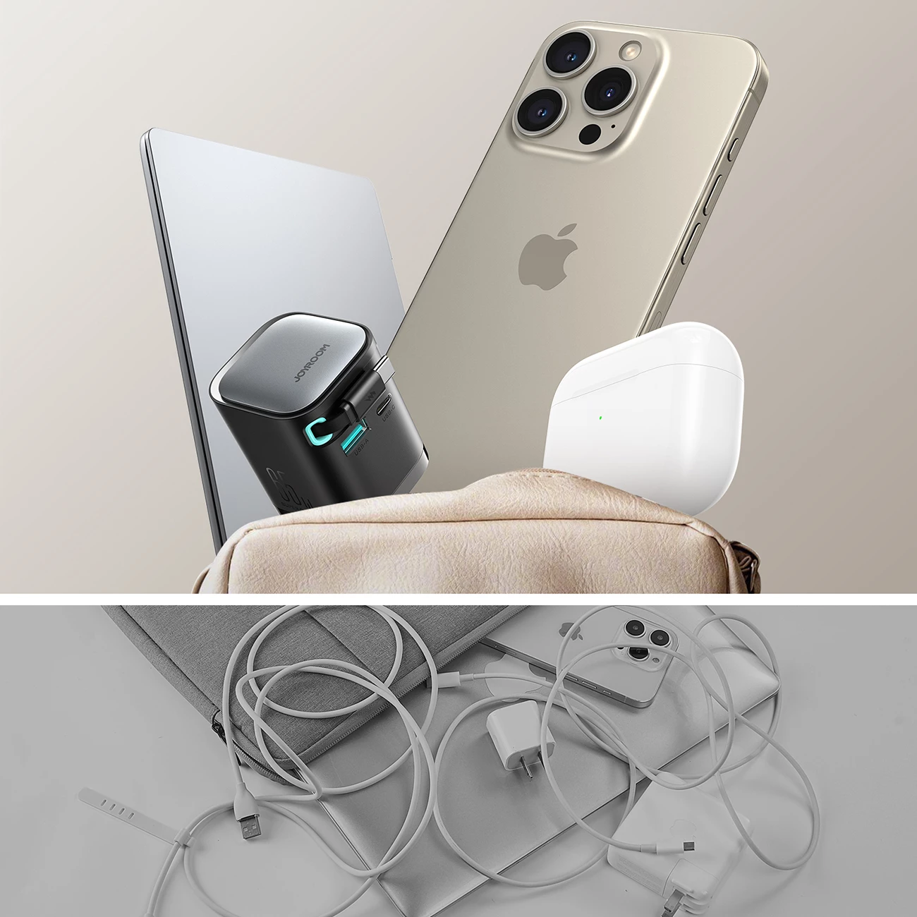 Karikues muri Joyroom JR-TCL02 GaN, 65W, 3 porta (USB-A, USB-C, kabllo USB-C), i zi