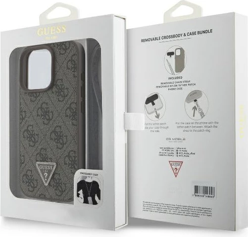 Mbështjellës Guess Crossbody 4G Metal Logo për iPhone 16 Pro, Kafe