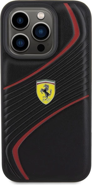 Mbështjellës Ferrari Twist Metal Logo për iPhone 15 Pro, i zi