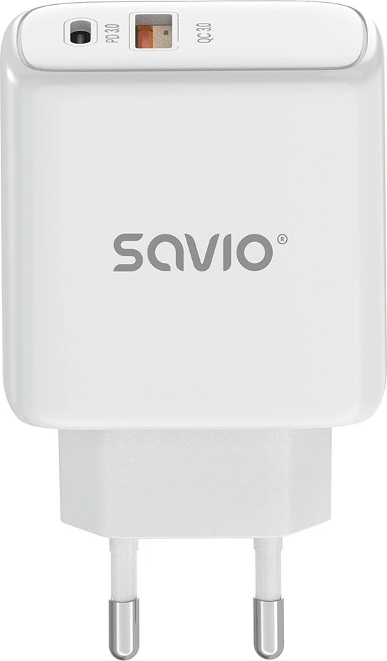 Karikues murale, Savio LA-12 (SAVLA-12), 20W PD 3.0 & QC 3.0, 2 porta (USB-A + USB-C), prizë EU, i bardhë