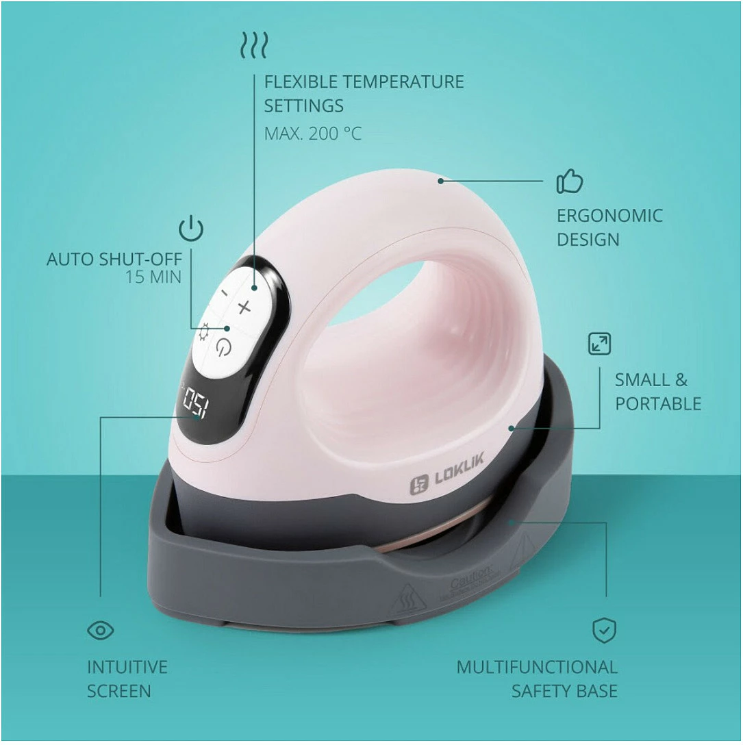 Hekur mini LOKLiK ImPress Mini 3, 550W, 200°C, LCD, termostat i rregullueshëm, rozë pastel/zi