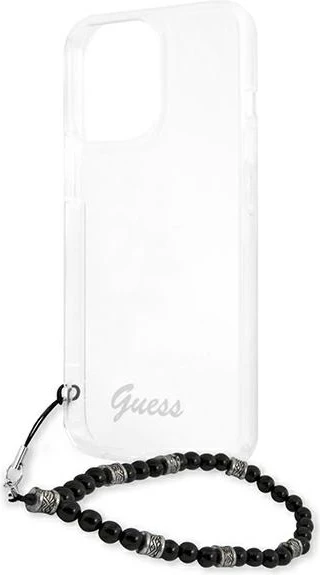 Mbështjellës Guess GUHCP13LKPSBK për iPhone 13/13 Pro 6.1", transparent me varëse perlë, Black Pearl
