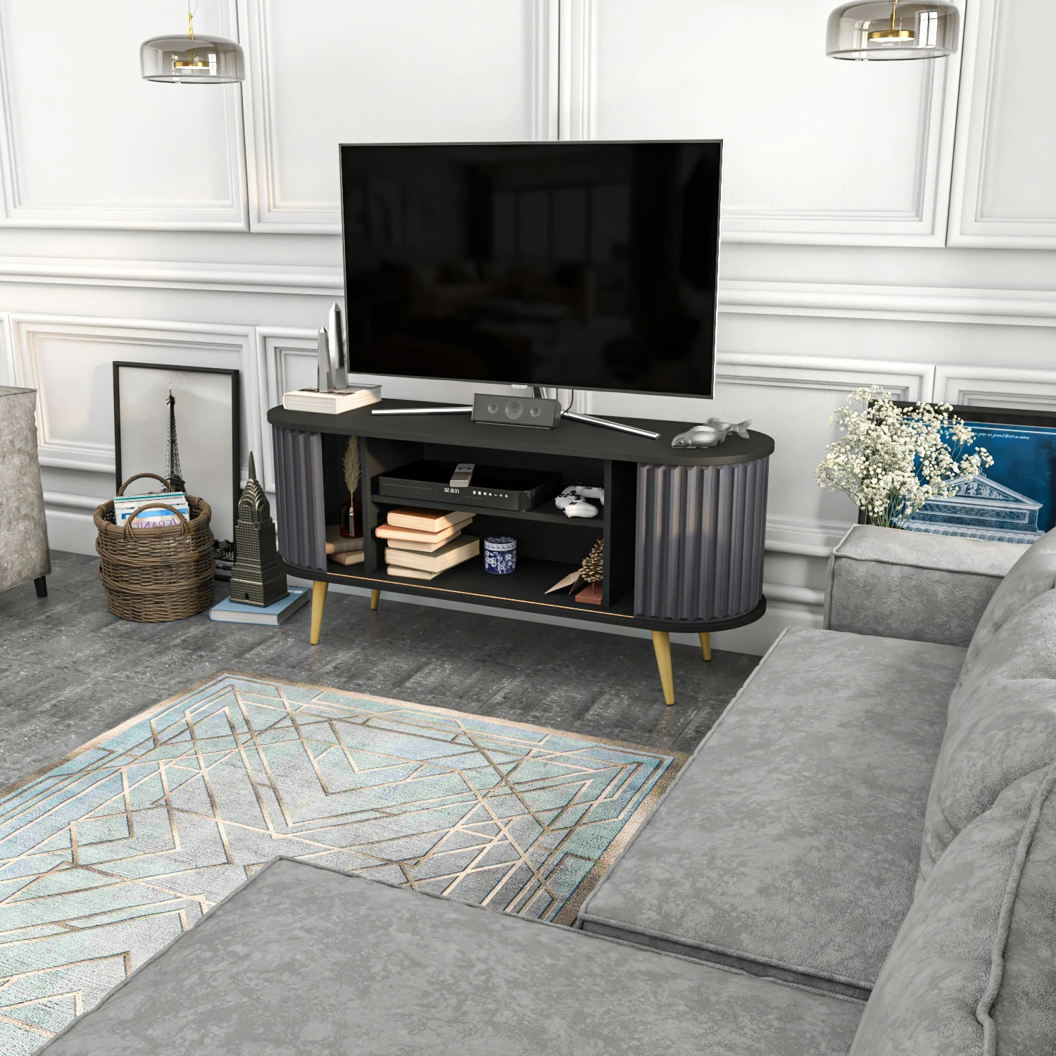Komodë TV Skye Decor, e madhe, ngjyrë e zezë dhe antracit