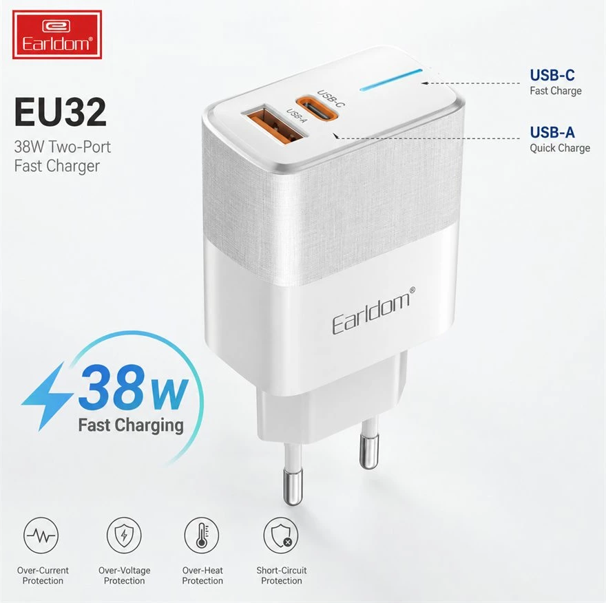Karikues Earldom EU32 38W PD/QC me USB-C dhe USB-A, EU Plug