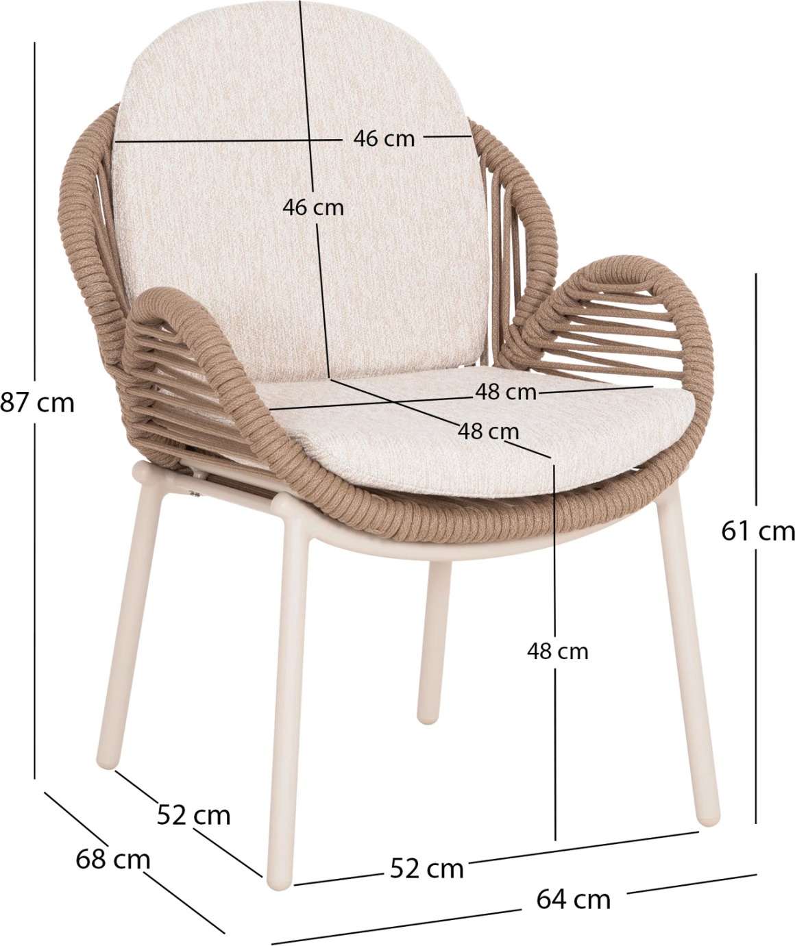 Karrige ngrënieje RIVEN, alumin, litar, jastëk bezhë, 62x69x82cm