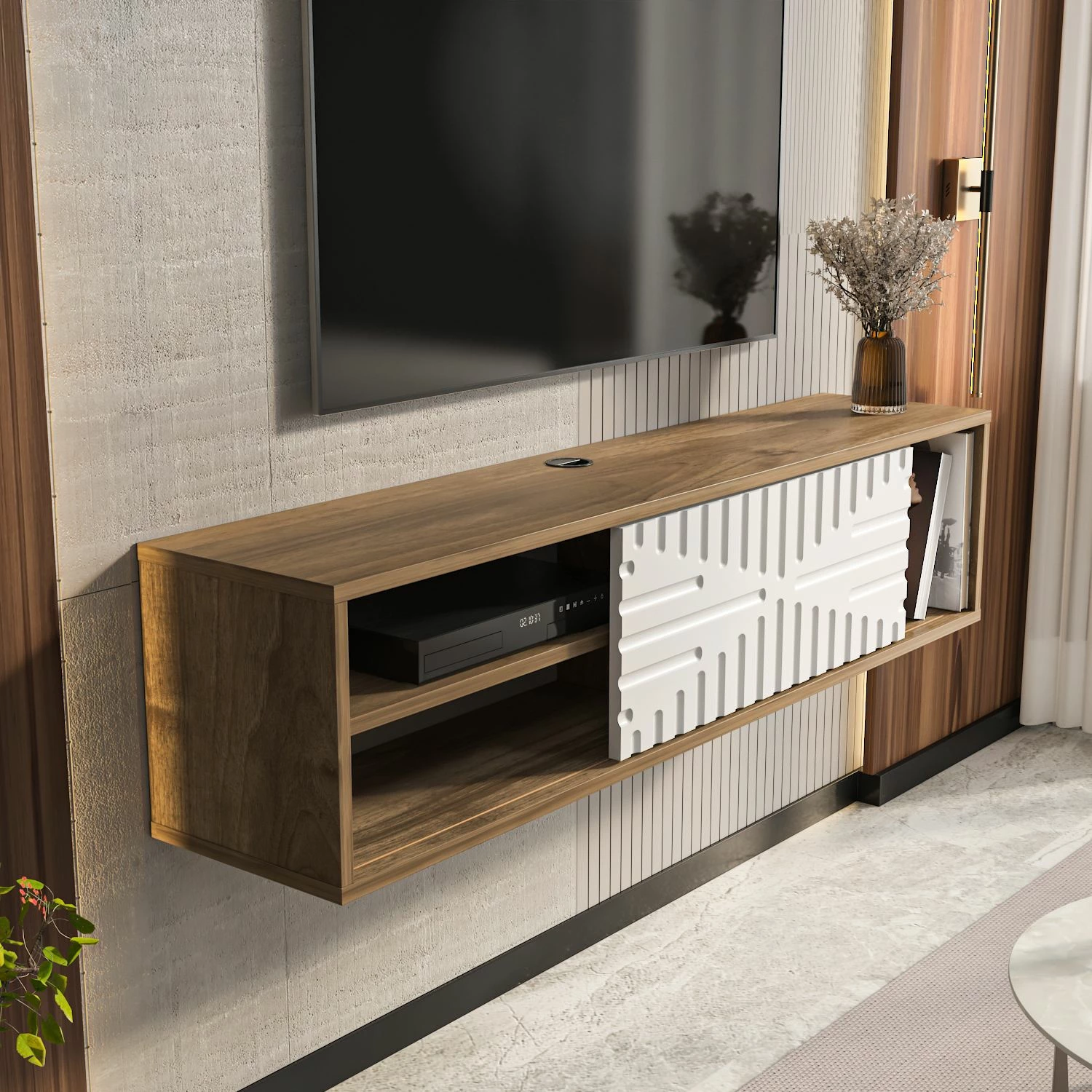 Komodë TV e varur Teo, ngjyrë arre dhe e bardhë, Skye Decor