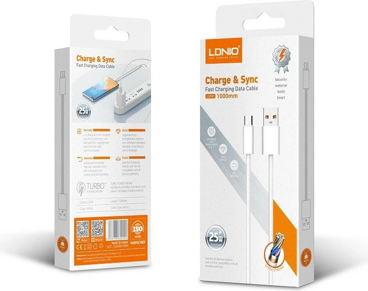 Kabllo karikimi dhe data LDNIO LS901_L, USB-A në Lightning, 25W, 1m, e thurur, e bardhë