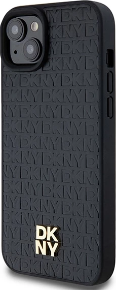 Mbështjellës DKNY Leather Monogram Pattern Metal Logo MagSafe për iPhone 15 Plus / 14 Plus, i zi