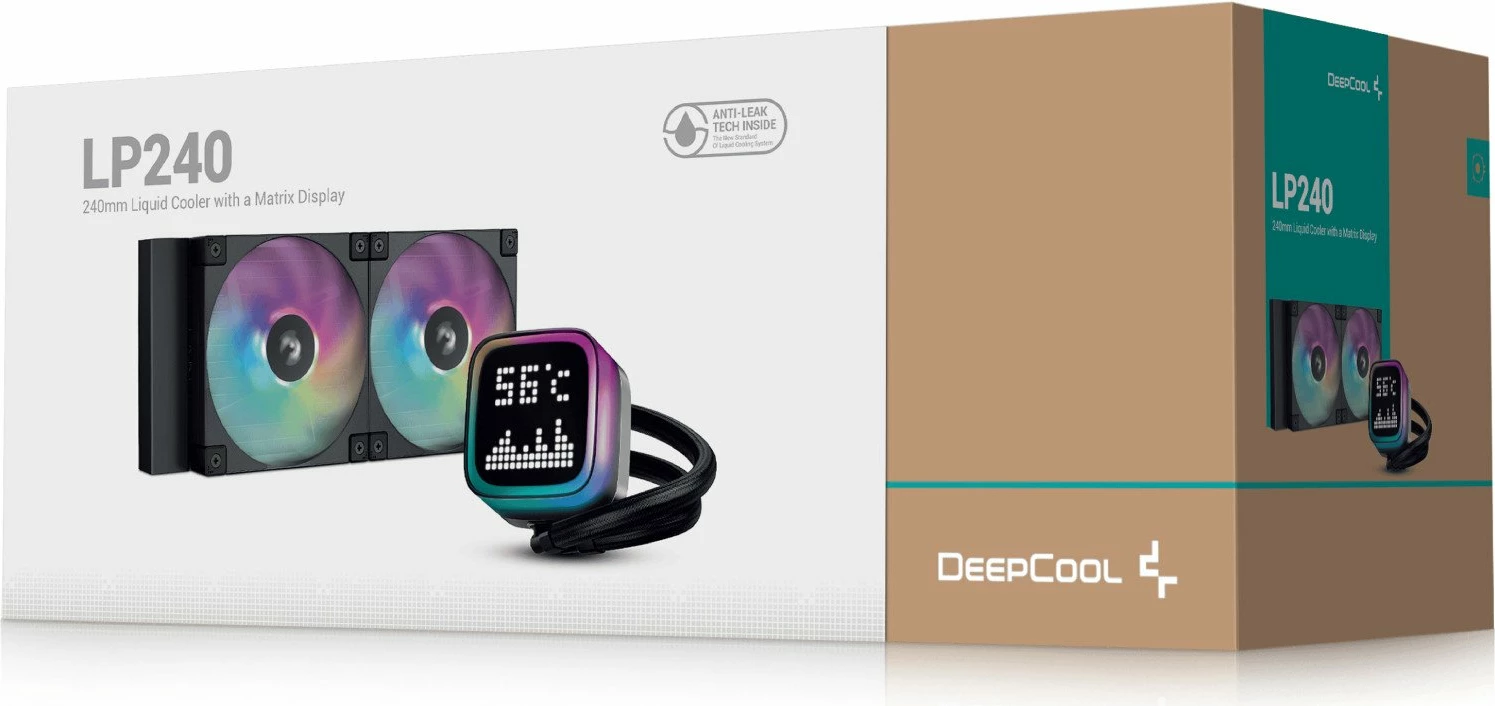 Ftohës me ujë AIO Deepcool LP240 (R-LP240-BKMSNC-G-1), radiator 240 mm, ARGB, ekran dot-matrix, i zi, set me 2 ventilatorë 120 mm