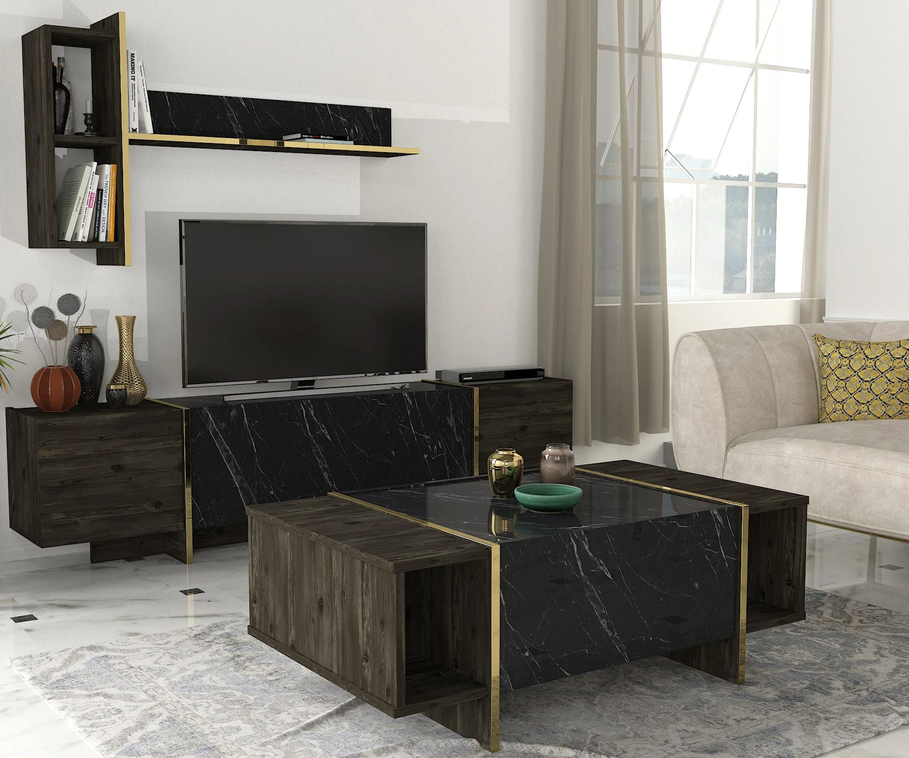 Set mobiljesh për dhomë dite, Skye Decor, Veyron Set 1, ngjyrë e zezë dhe ari