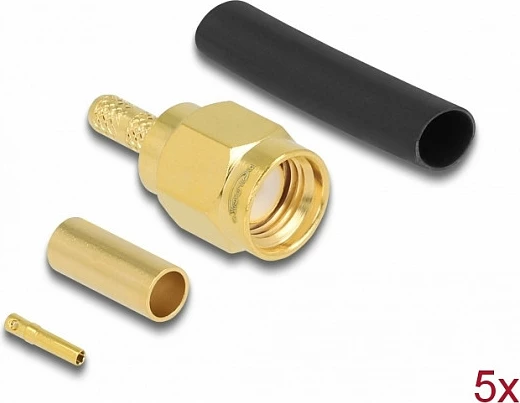 Konektor DeLOCK RP-SMA plug për krimpim RG-174/RG-316, 50Ω, 5 copë, ngjyrë ari