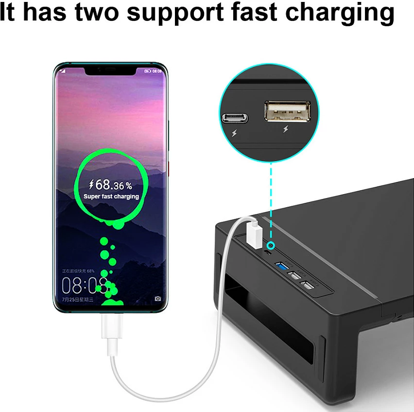 Ngritës monitori EQUIP, 4x USB-A + USB-C, 25 kg, i zi