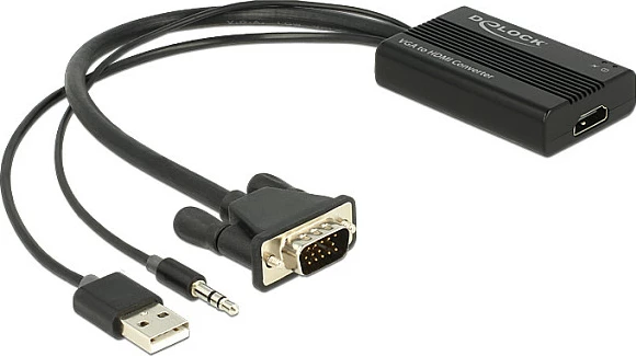 Adapter DeLOCK 62597 VGA në HDMI, 0.25 m, 1080p, audio 3.5mm, USB, i zi
