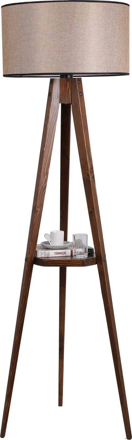 Llambë dyshemeje Opviq, tripod, ngjyrë arre, me raft, abazhuri cilindrik, Sehbalı