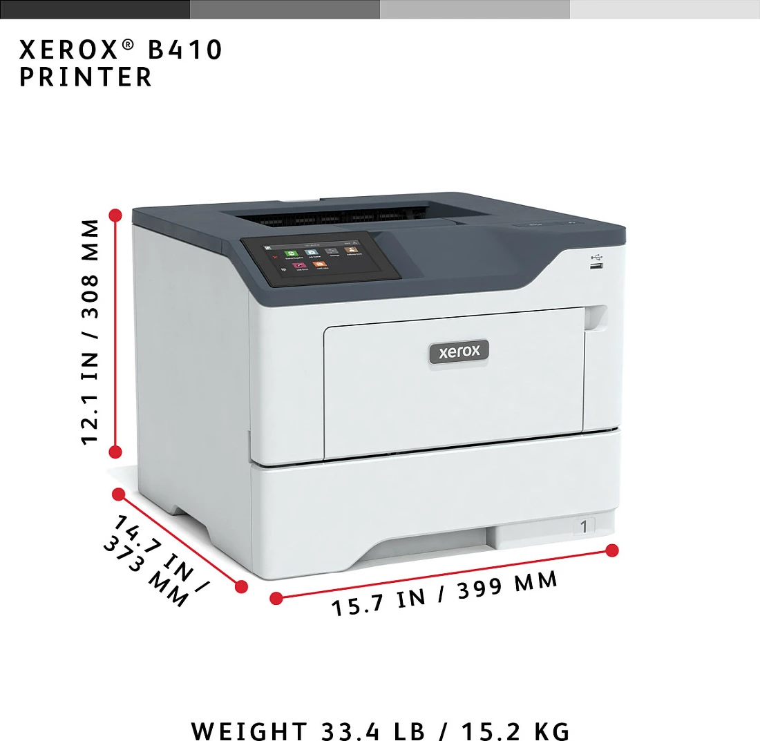 Printer laser Xerox B410, A4, 47ppm, duplex, 2 tabaka 650 fletë, 1200 x 2400 DPI, Ethernet, bardhë/gri