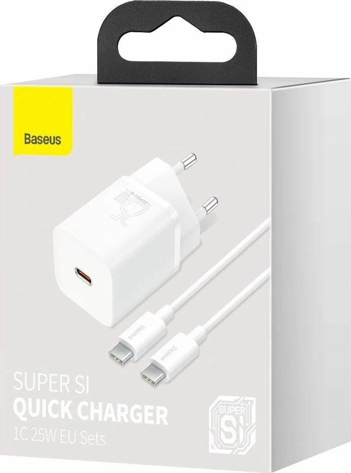 Ngarkues muri Baseus Super Si TZCCSUP-L02 25W USB-C PD 3A, bardhë, set me kabllo USB-C në USB-C 1m