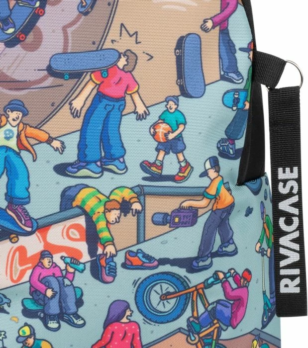 çantë shpine RIVACASE Skaters 5420, 12L, për laptop, material repelent uji, e zezë me print shumëngjyrësh