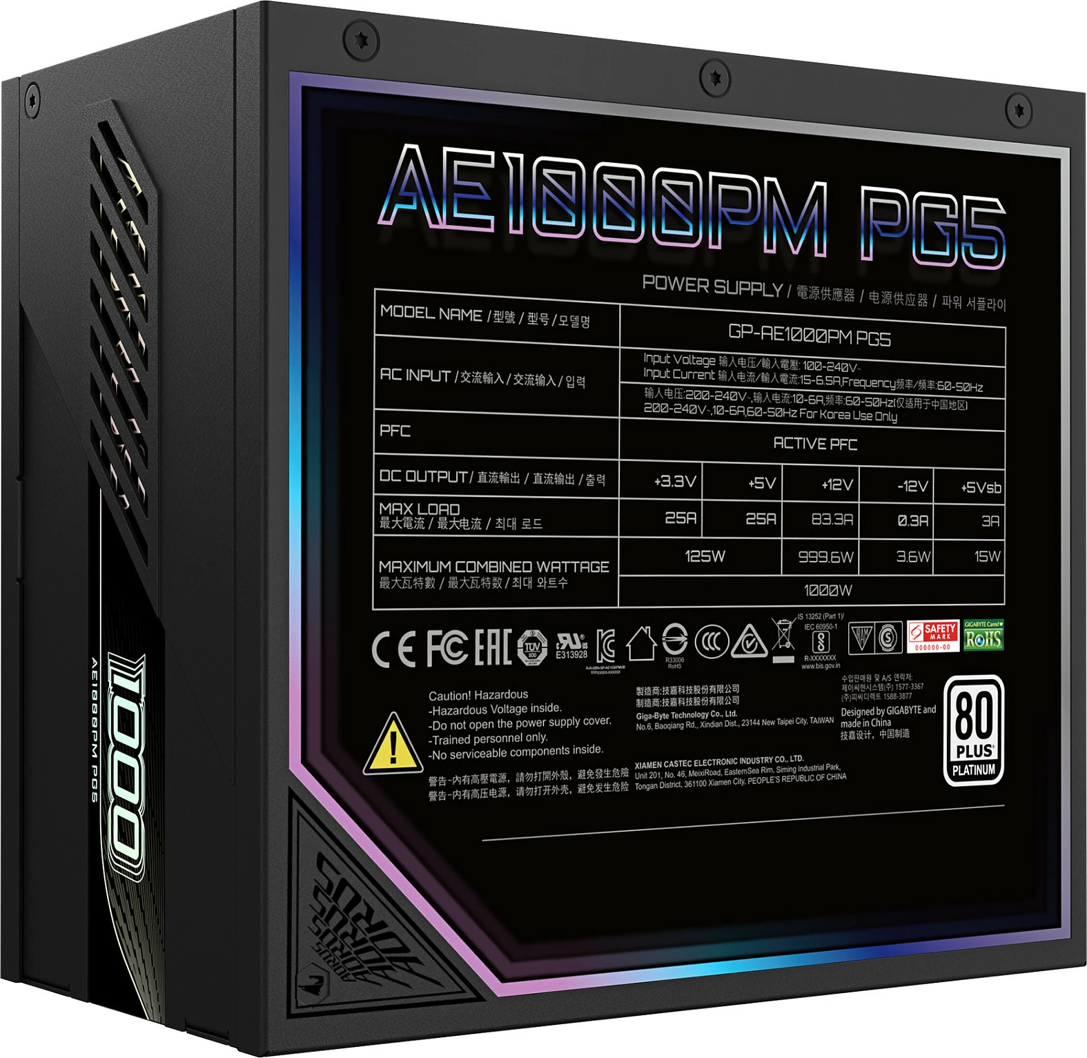 Njësi furnizimi me rrymë Gigabyte AORUS ELITE P1000W ICE, PCIe 5.0, 80 PLUS Platinum, Dizajn plotësisht modular, 1000 W