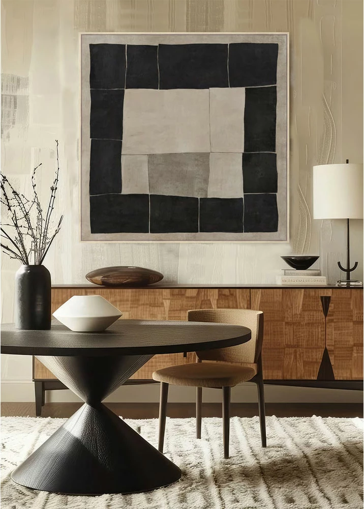 Pikturë dekorative Mystic Squares me kornizë, kanavacë, bezhë e zezë, 100x100x4cm