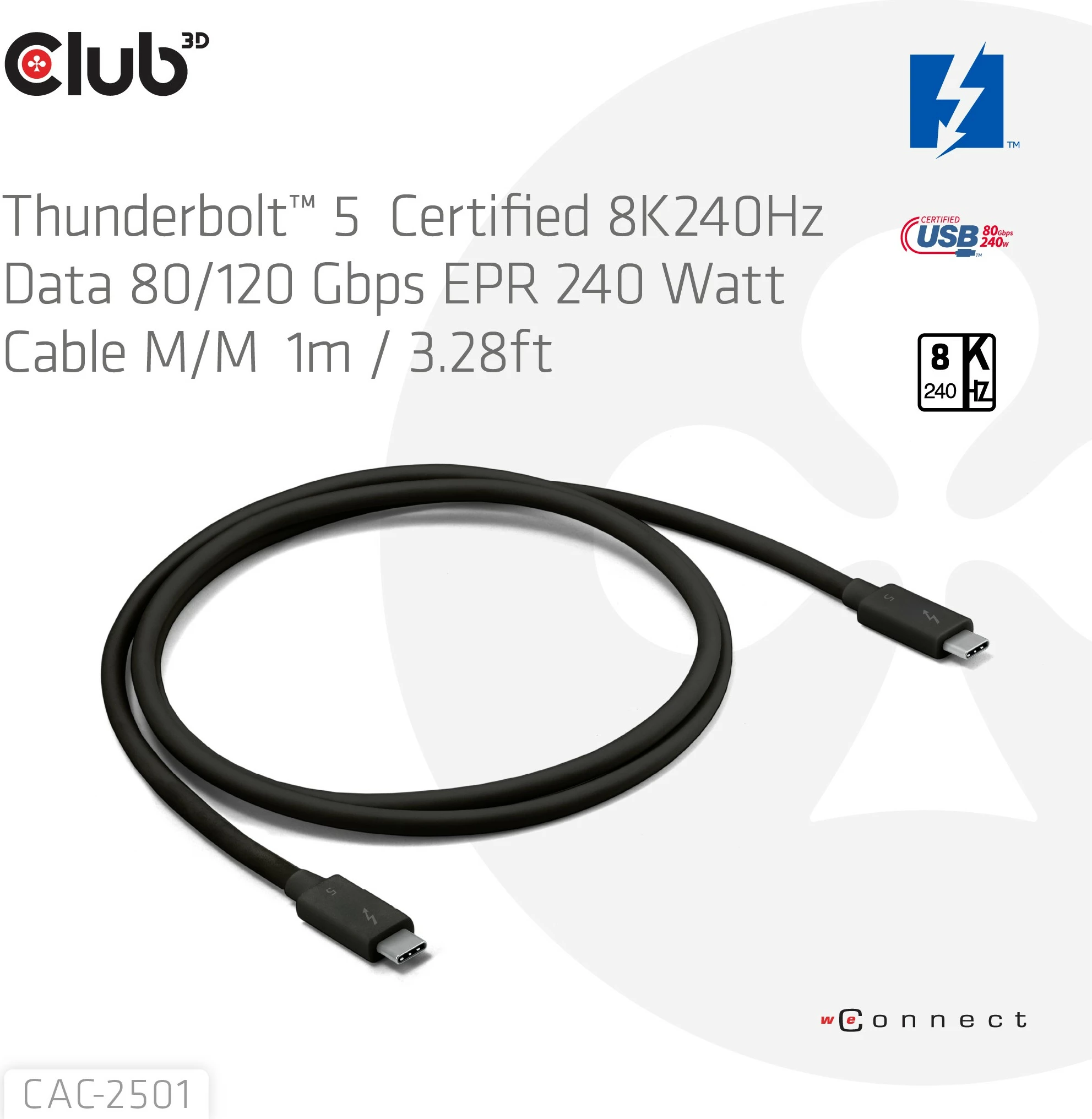 Kabllo Thunderbolt 5 Club3D 1m, 8K240Hz, 80/120Gbps, USB Type-C, e zezë