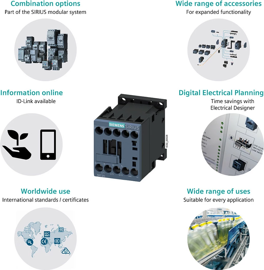 Kontaktor Siemens SIRIUS 3RT2015-1AP01, AC-3 3 kW/400 V, bobinë 230 VAC, 3-pol, S00, i zi